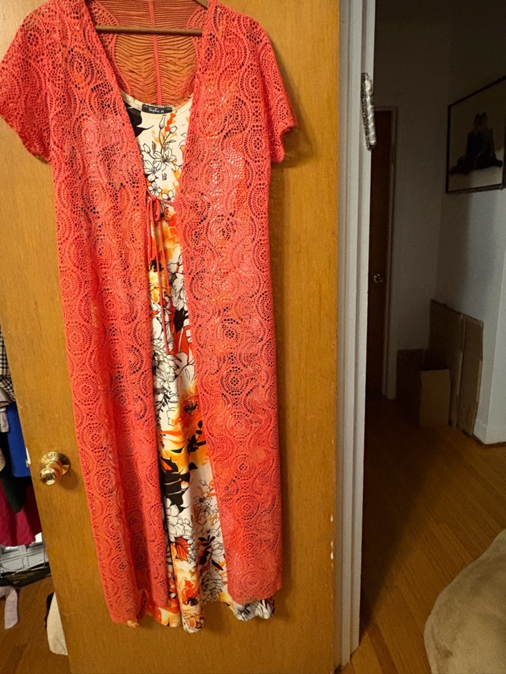 Coral Lace Overlay Maxi Dress with Floral Slip